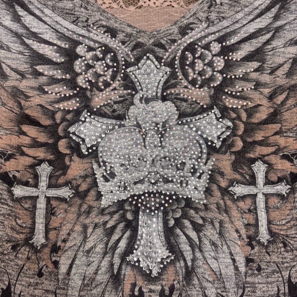 Angels & Diamonds Y2K Winged Cross Rhinestone Top Lace Sleeve Burnout Womens Med - Picture 6 of 9